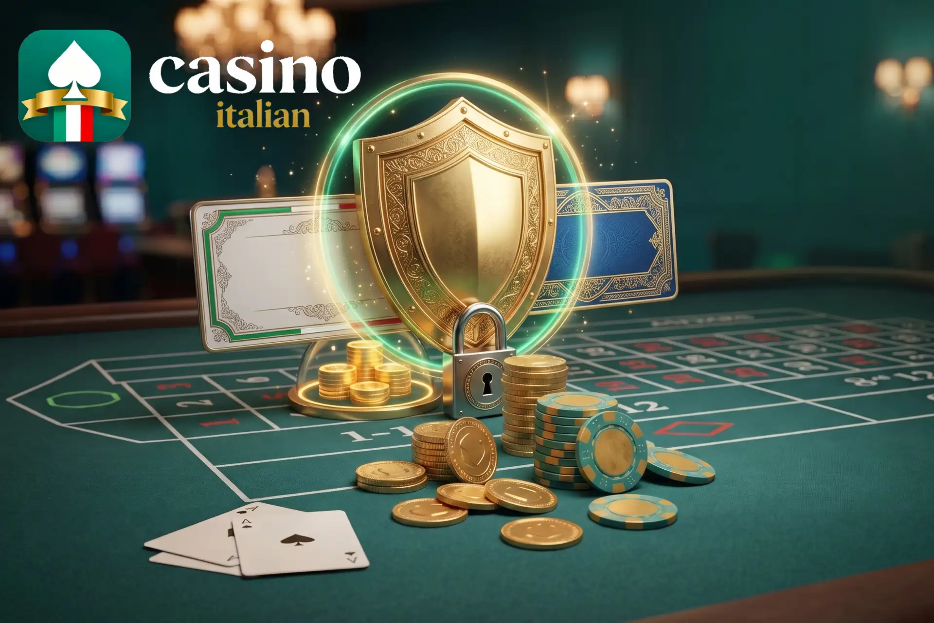 Dettagliato esame di licenze a confronto per il gioco sicuro, raffigurato su un tavolo verde con scudo dorato, lucchetto, certificati, monete e fiches.